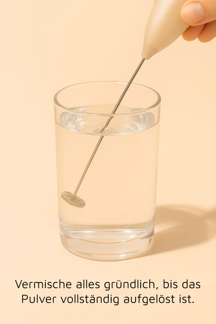 Milchaufschäumer verrührt das Kollagenpulver im Glas, bis es vollständig aufgelöst ist