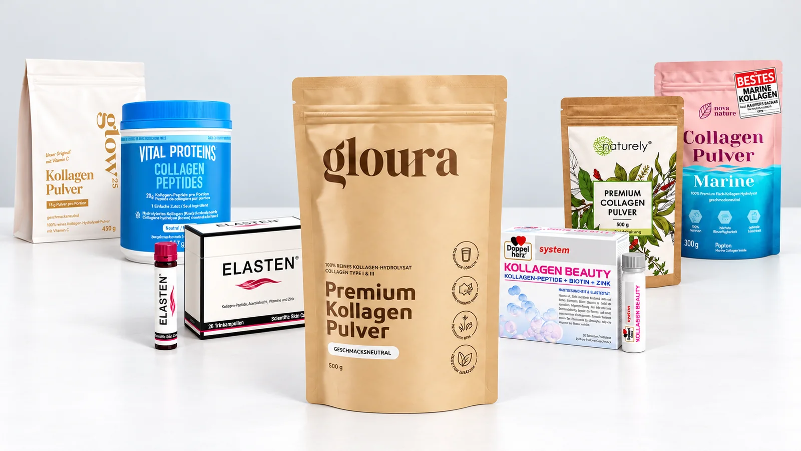 Die sieben verglichenen Kollagenprodukte, Gloura Premium Kollagen Pulver in der Mitte