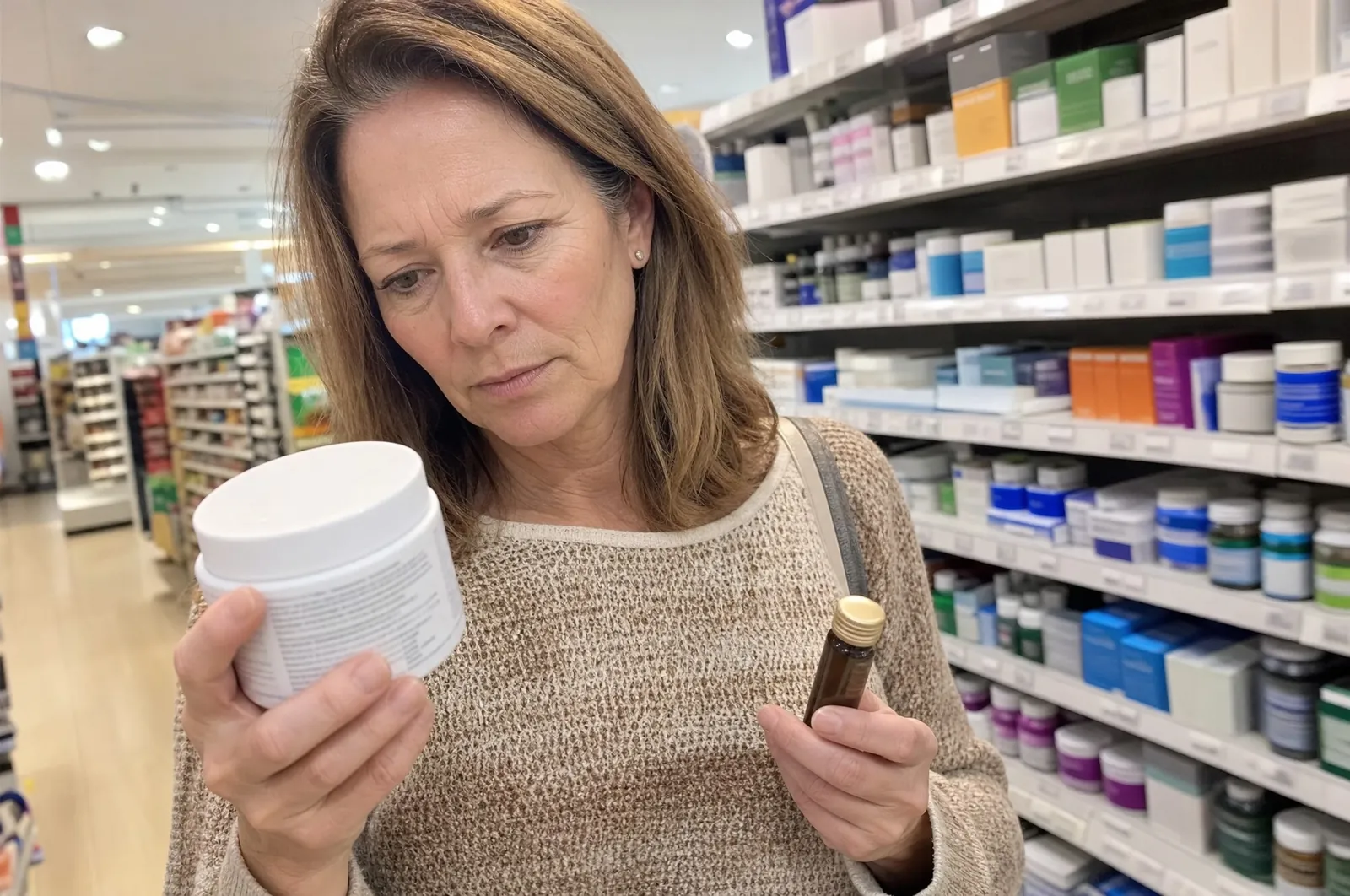 Frau im Drogeriemarkt liest die Rückseite einer Kollagendose, in der anderen Hand ein Trinkfläschchen