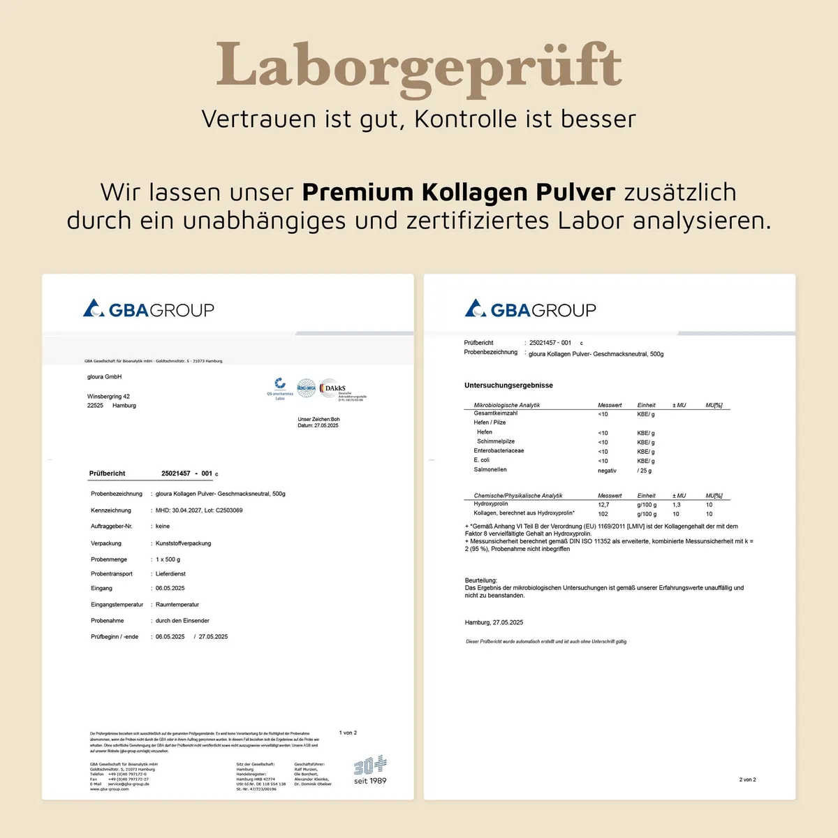 Grafik von Gloura: Laborgeprüft, zwei Seiten des Prüfberichts der GBA Group für Gloura Kollagen Pulver