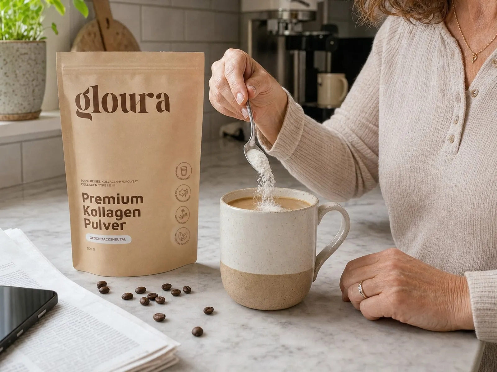 Eine Frau rührt einen Löffel Kollagenpulver in ihren Kaffee, daneben steht ein Beutel Gloura Premium Kollagen Pulver
