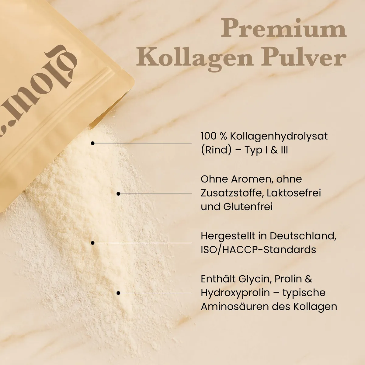 Geöffneter Beutel Gloura Premium Kollagen Pulver, daneben Kollagenpulver auf hellem Marmor, mit Angaben zu Zutaten und Herstellung